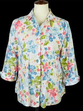 Alfred Dunner 3/4 Sleeve Top Sz 10 Floral Eyelet Beach Resort Cottagecore
